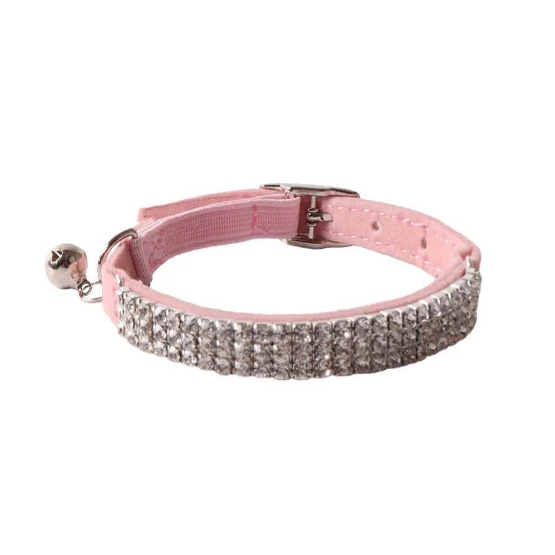 Flocked elastic buckle cat collar with drill decoration in assorted colours.