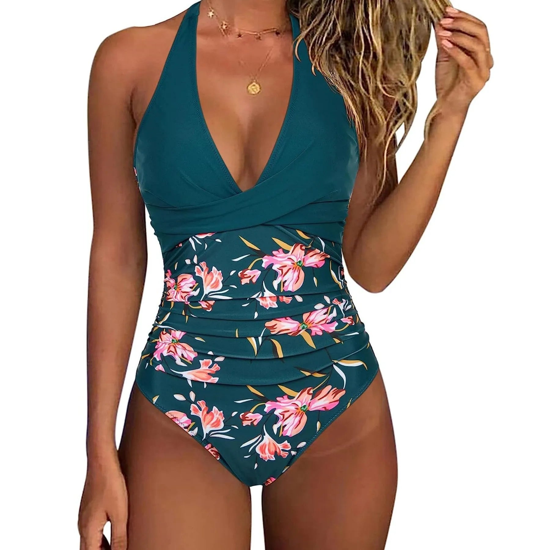 Women's printed backless one-piece swimsuit with lace-up front in leopard print design