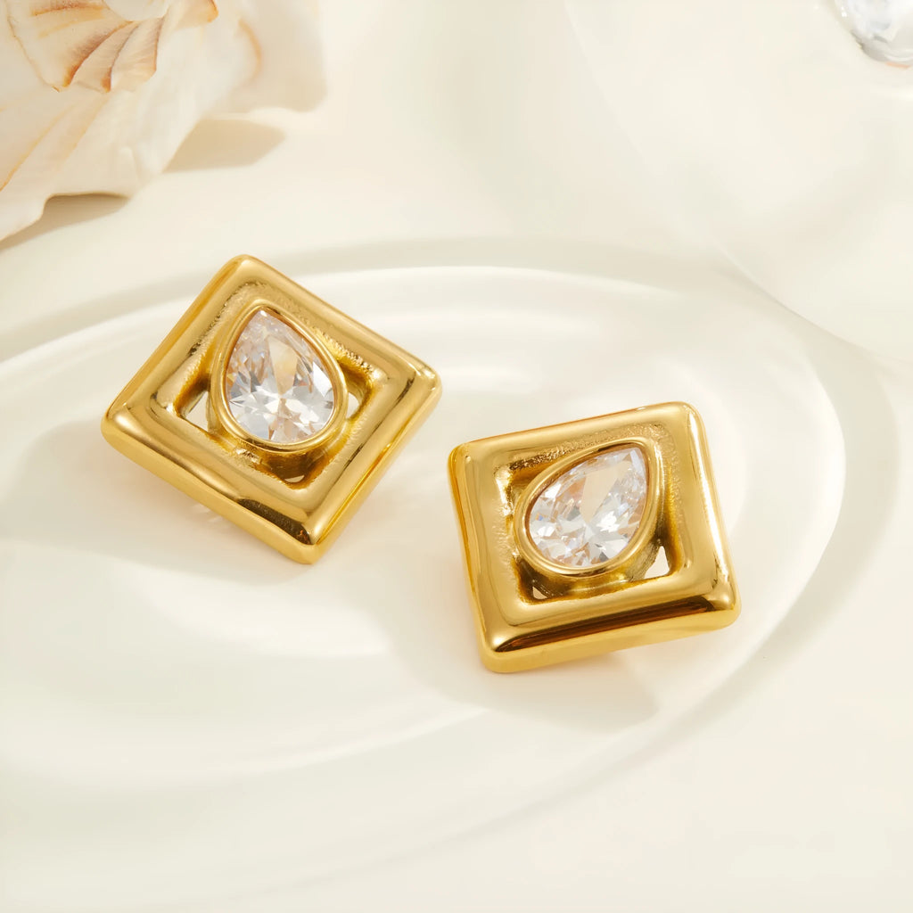 Gold electroplated stud earrings with geometric water drop zircon stone patterns