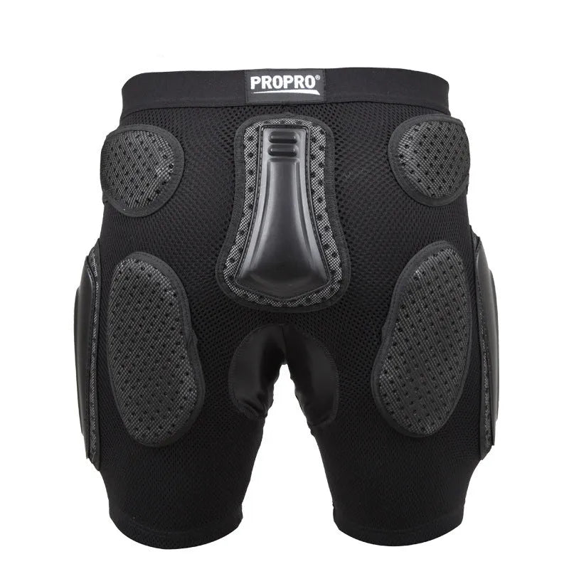 Black cycling hip protection pants with integrated pads for sports safety.