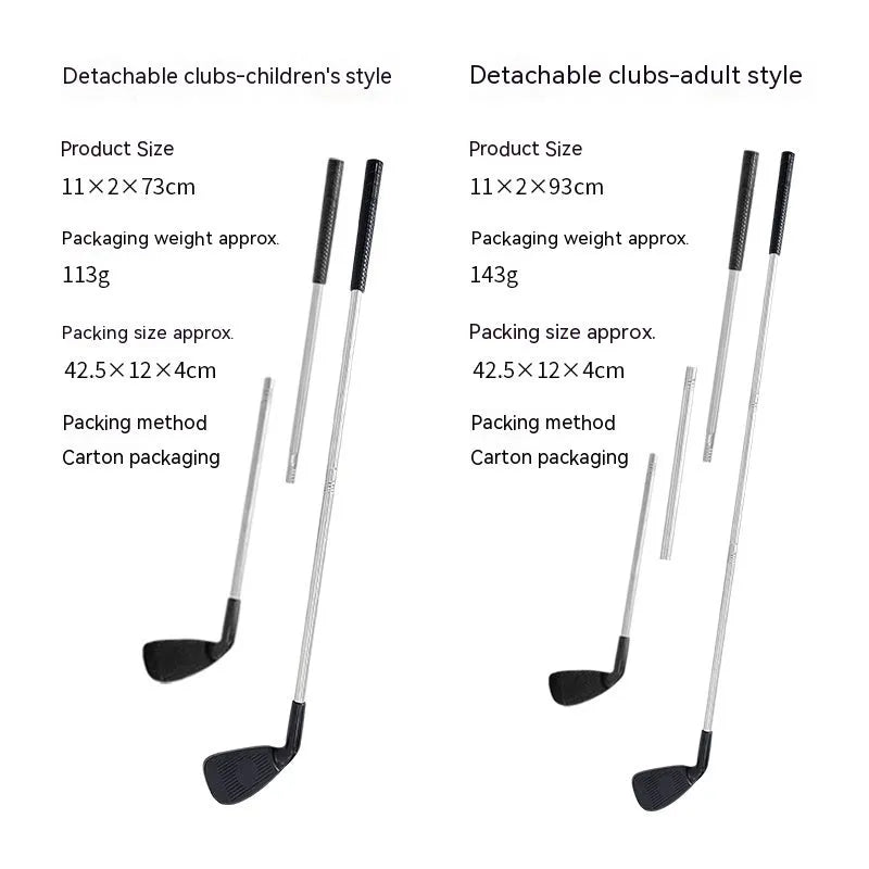 Metal golf club set showing adult and children's clubs for backyard practice
