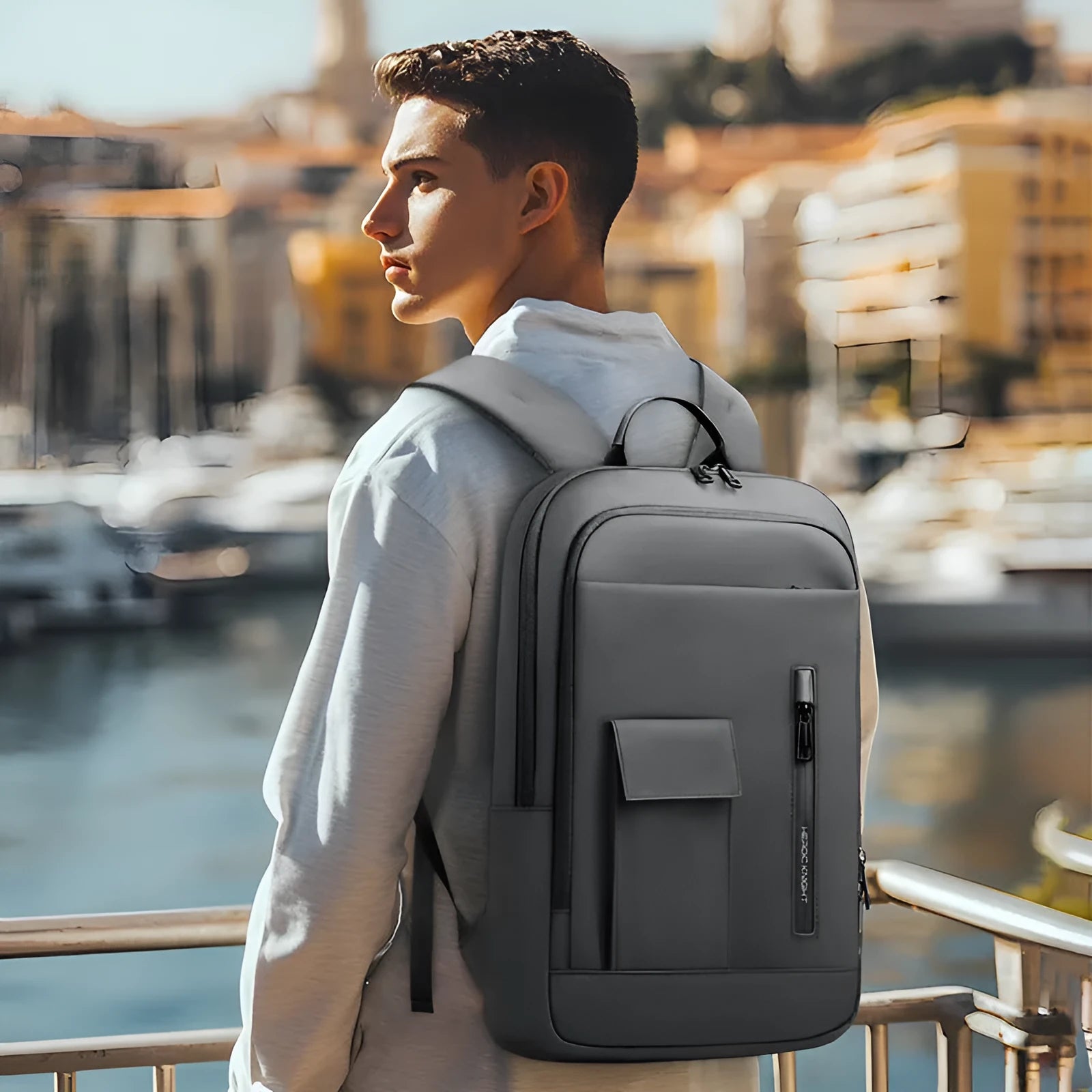 Lightweight Oxford cloth men's business backpack in dark grey with sewing line details