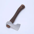 Camping axe with high carbon steel head and wooden handle showing dimensions