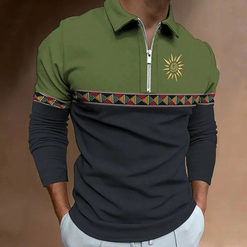 Men's loose long sleeve t-shirt with retro colour stripes and a decorative zipper detail on the front.