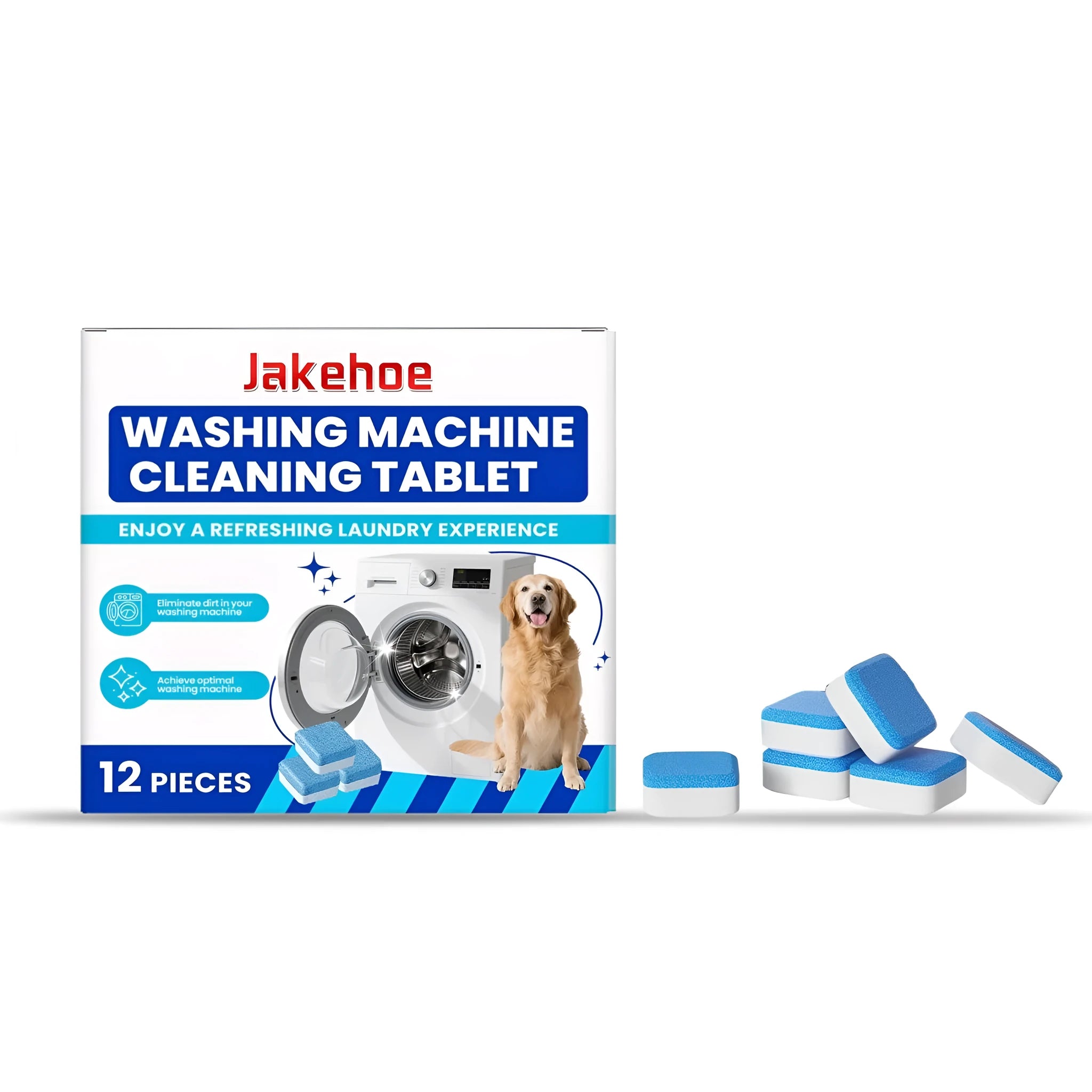 Box containing 12 white washing machine cleaning tablets for appliance maintenance.