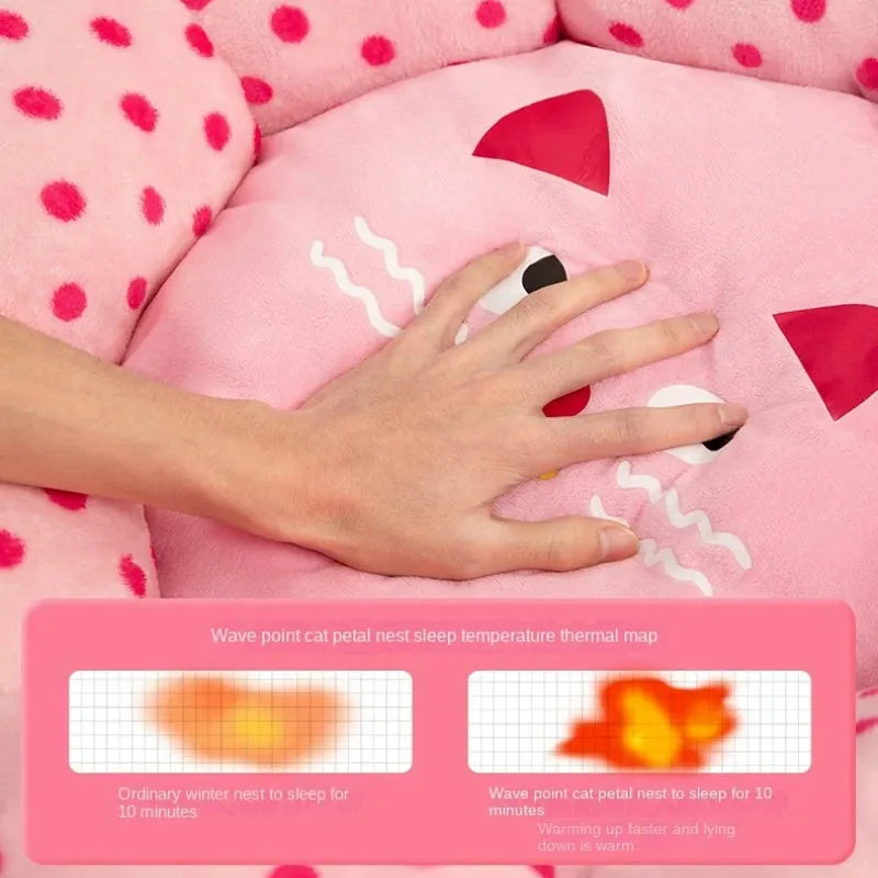 Pink dot pattern fabric cat bed for pets, shown in 45cm and 65cm diameter sizes