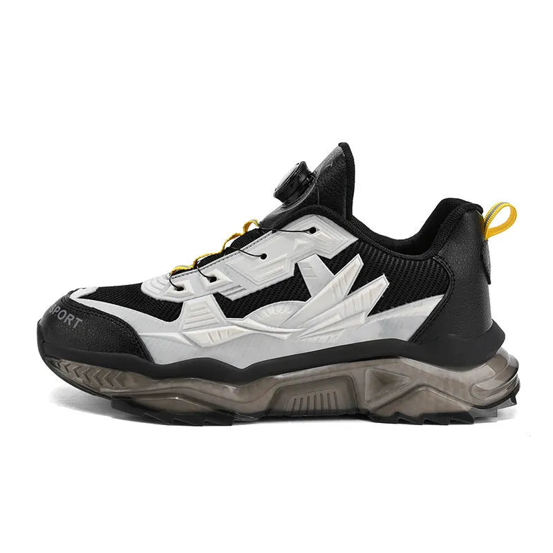 Men's black casual shoes with rotating button closure and platform sole design