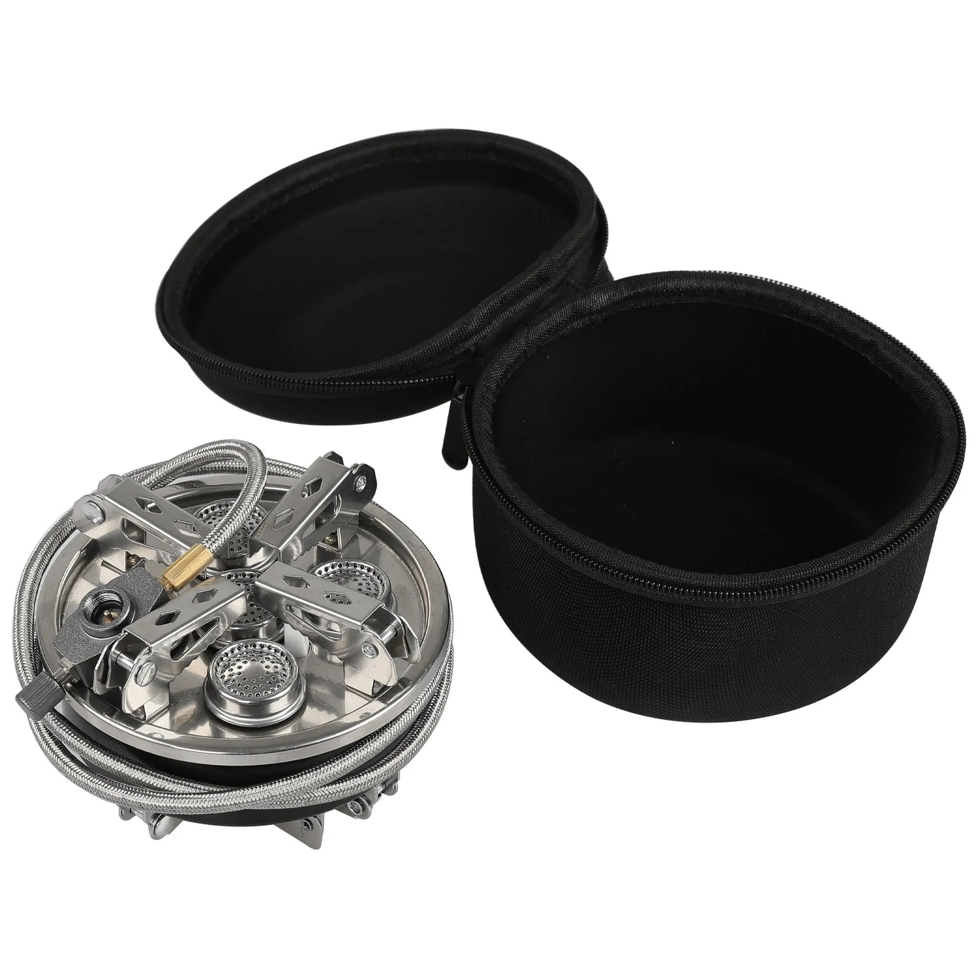 Silver stainless steel split stove for outdoor cooking with foldable design and 100cm hose