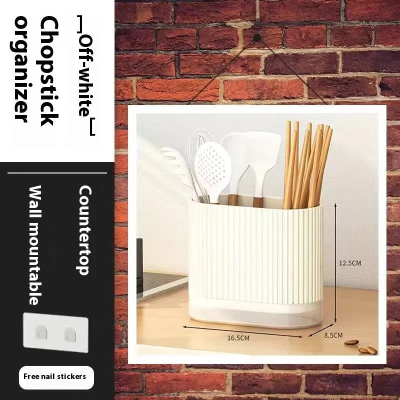 Plastic wall mounted chopstick basket with drainage tube design in beige colour