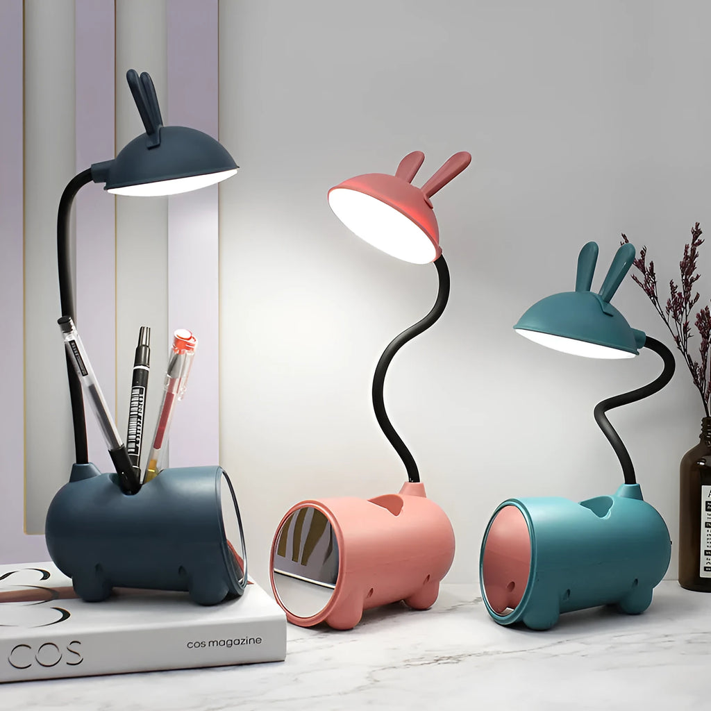 Cartoon-themed desktop table lamp with pen container, USB power connection