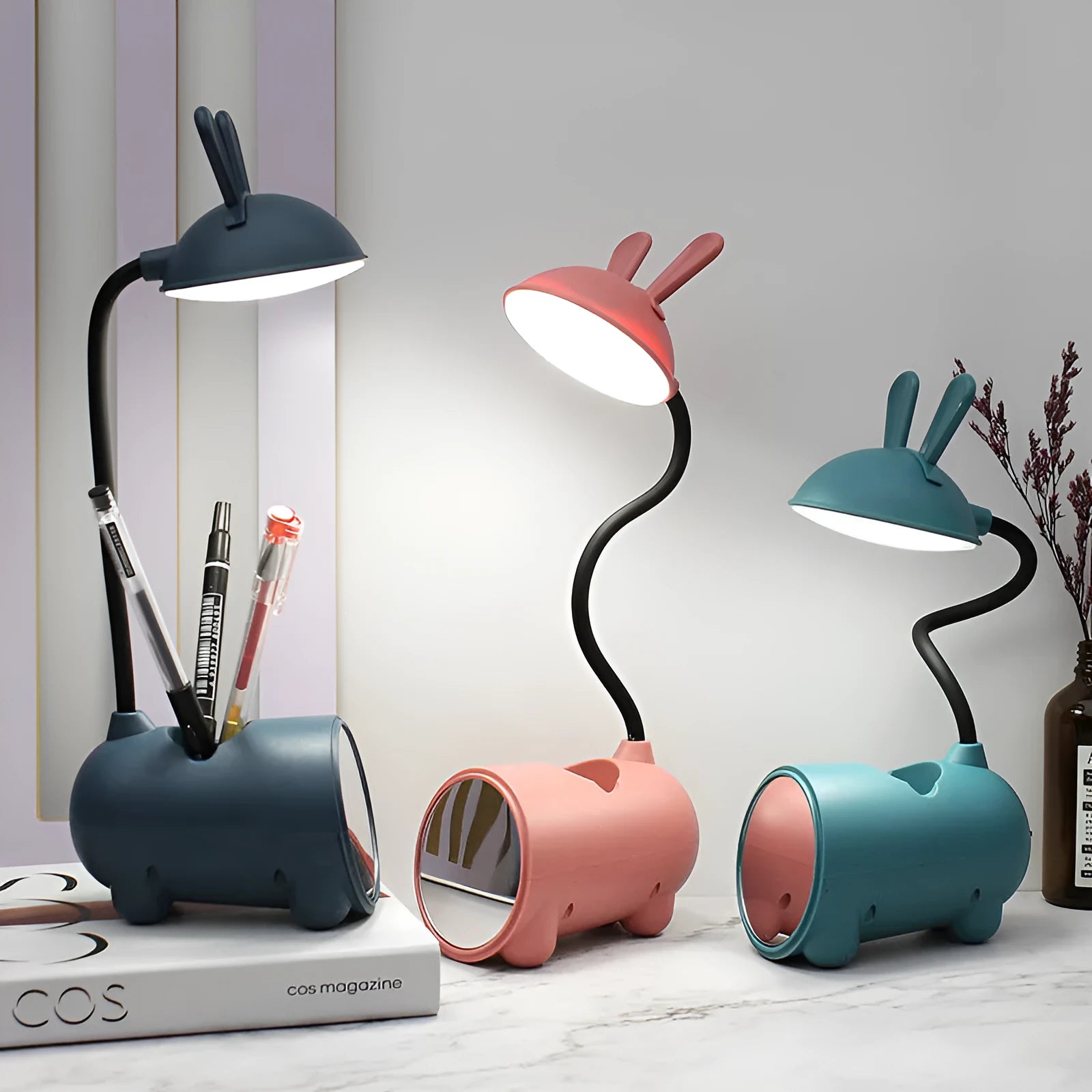 Cartoon-themed desktop table lamp with pen container, USB power connection