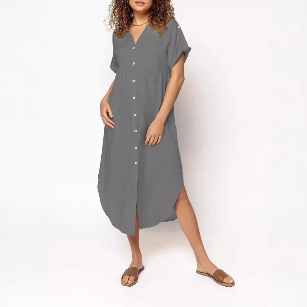 Casual button-front mid-length dress in solid colour with loose fit and regular sleeves