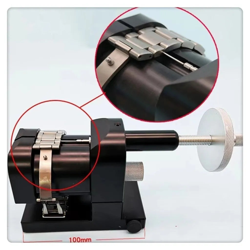 Alloy steel watch strap removal machine with bench mount frame and tool components for watch repair