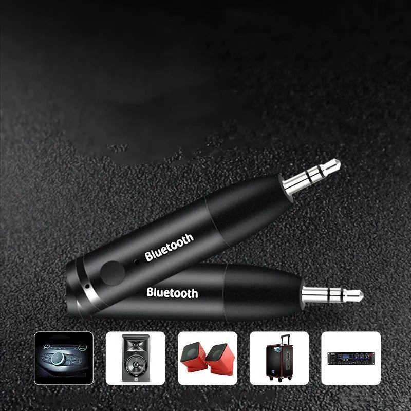 Black Bluetooth 5.0 AUX audio receiver for car stereo with USB charging cable