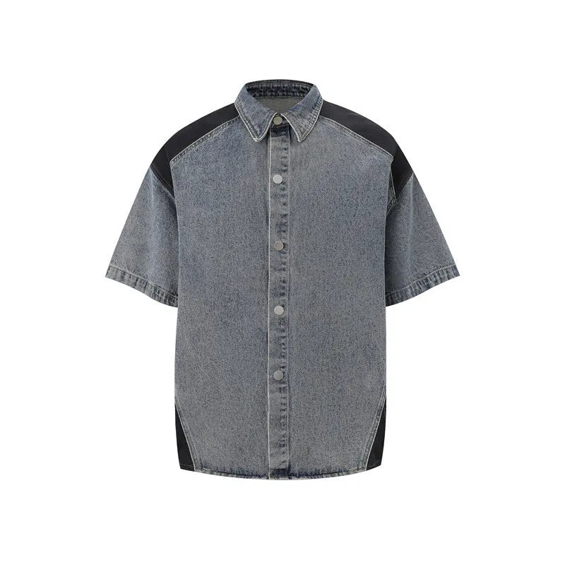 Retro washed denim jeans suit comprising a short-sleeved jacket and full-length trousers in blue