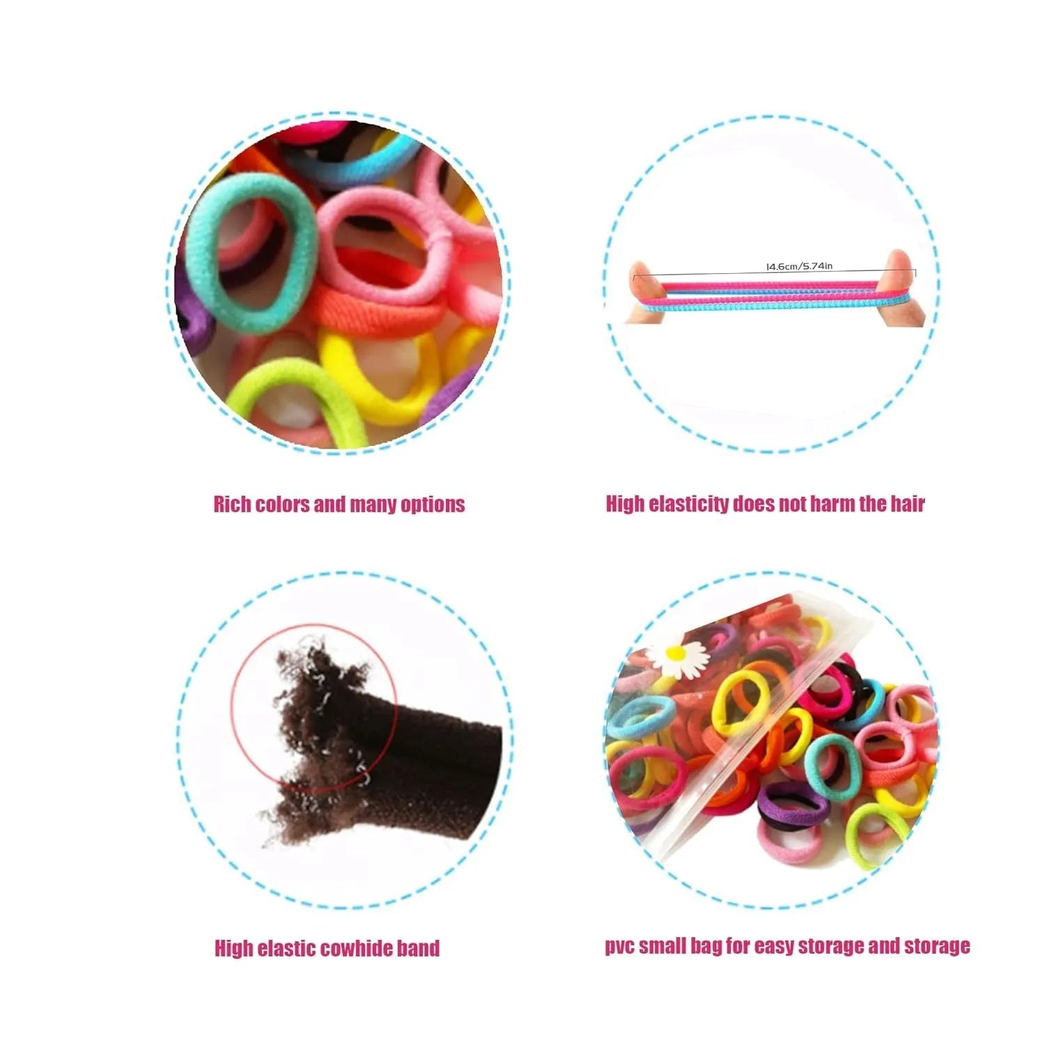 100 seamless cotton baby hair ties in 10 colours stored in a small glass jar.
