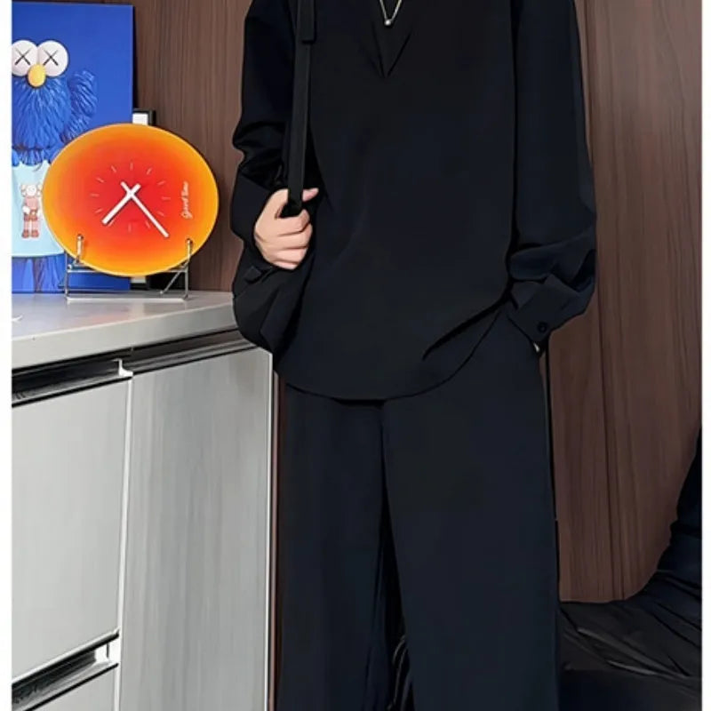 Men's black hemp polo shirt and trousers two-piece casual suit in slim fit