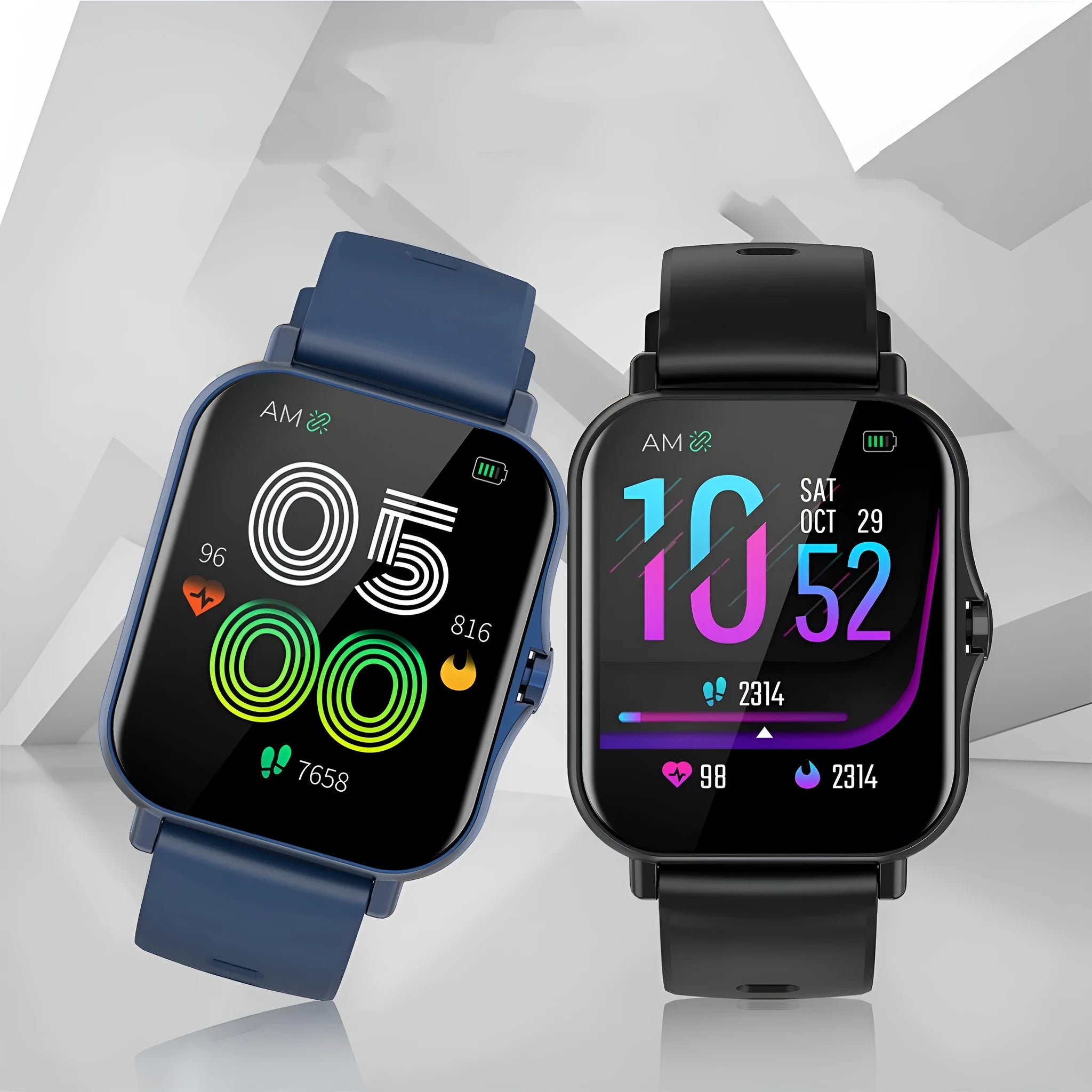 W10 Bluetooth smart watch for heart rate and blood pressure monitoring in blue, black, gold, or silver colours.