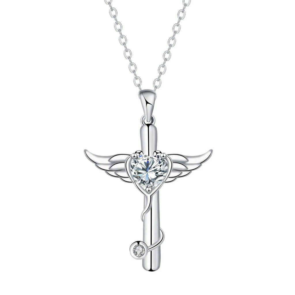 Close-up of a women's necklace featuring a combined cross and stethoscope pendant with wings detail in a red diamond finish.