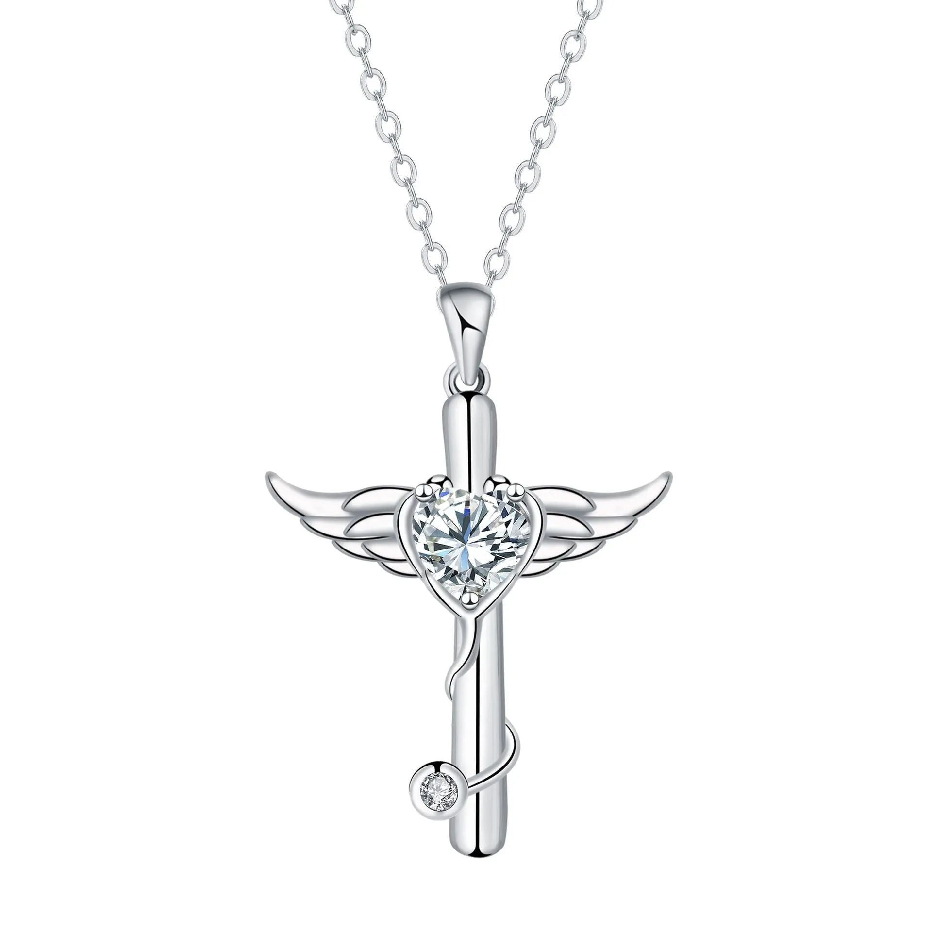 Close-up of a women's necklace featuring a combined cross and stethoscope pendant with wings detail in a red diamond finish.