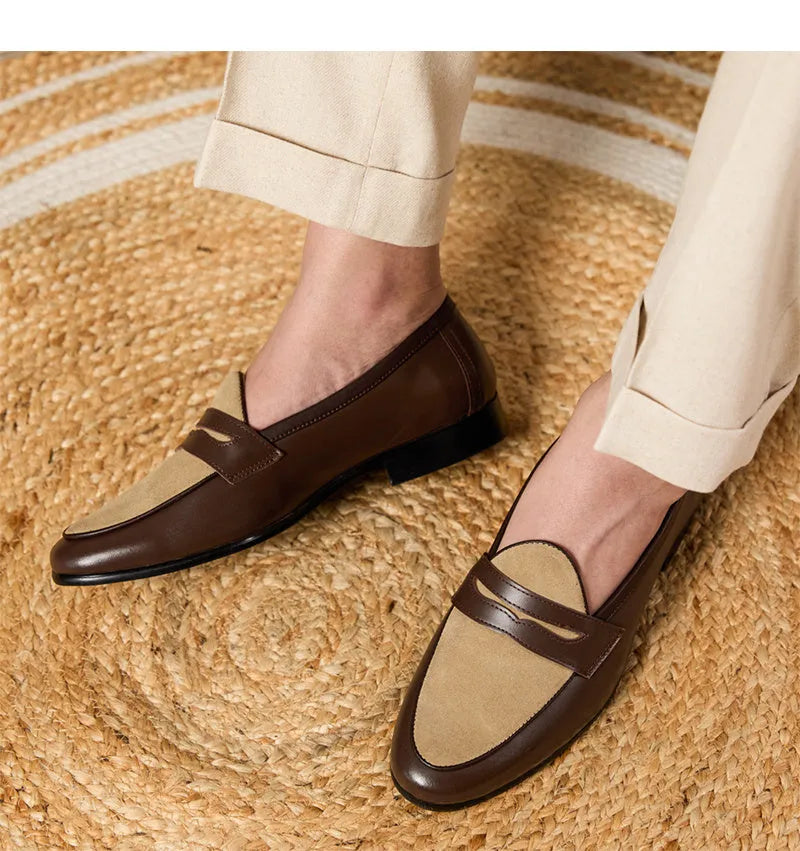 Coffee grey suede loafers with high-gloss finish and slip-on design