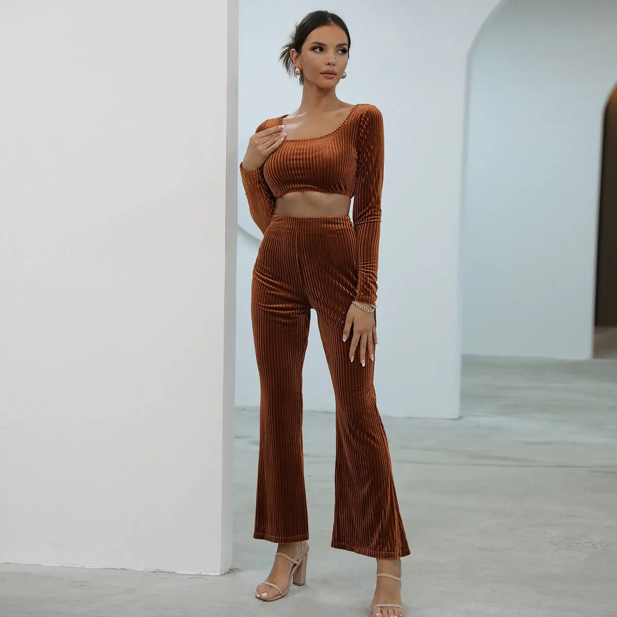 Caramel coloured long sleeve sweater set with matching top and trousers
