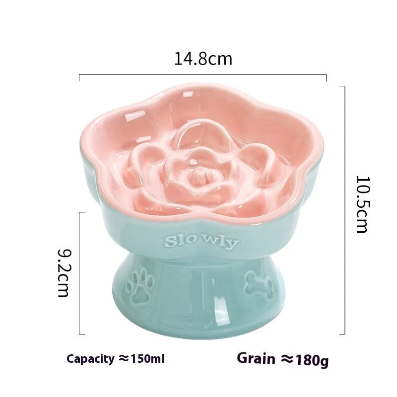 Black ceramic pet bowl with high foot neck protector for anti-tumble feeding