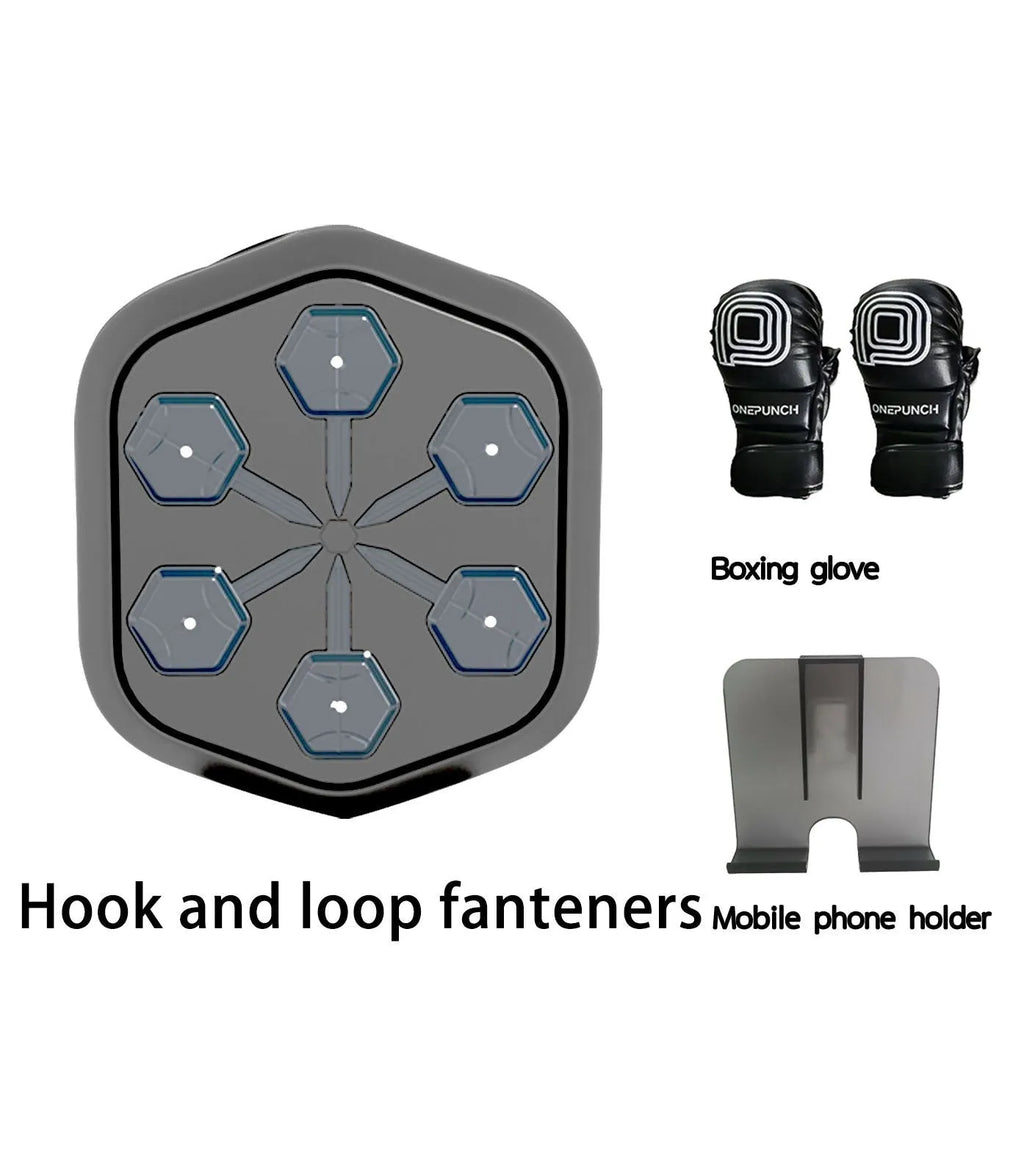 Black smart boxing machine with Bluetooth connection and included velcro gloves for home fitness training