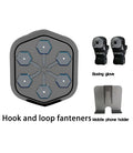 Black smart boxing machine with Bluetooth connection and included velcro gloves for home fitness training
