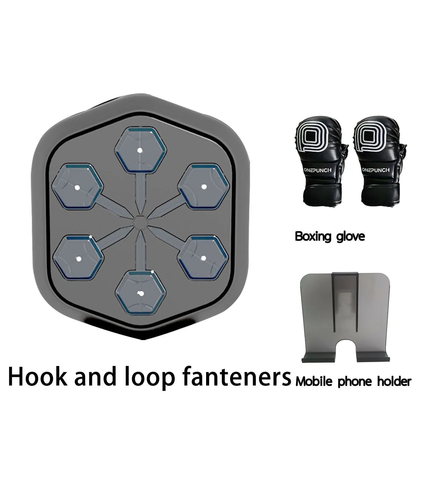 Black smart boxing machine with Bluetooth connection and included velcro gloves for home fitness training