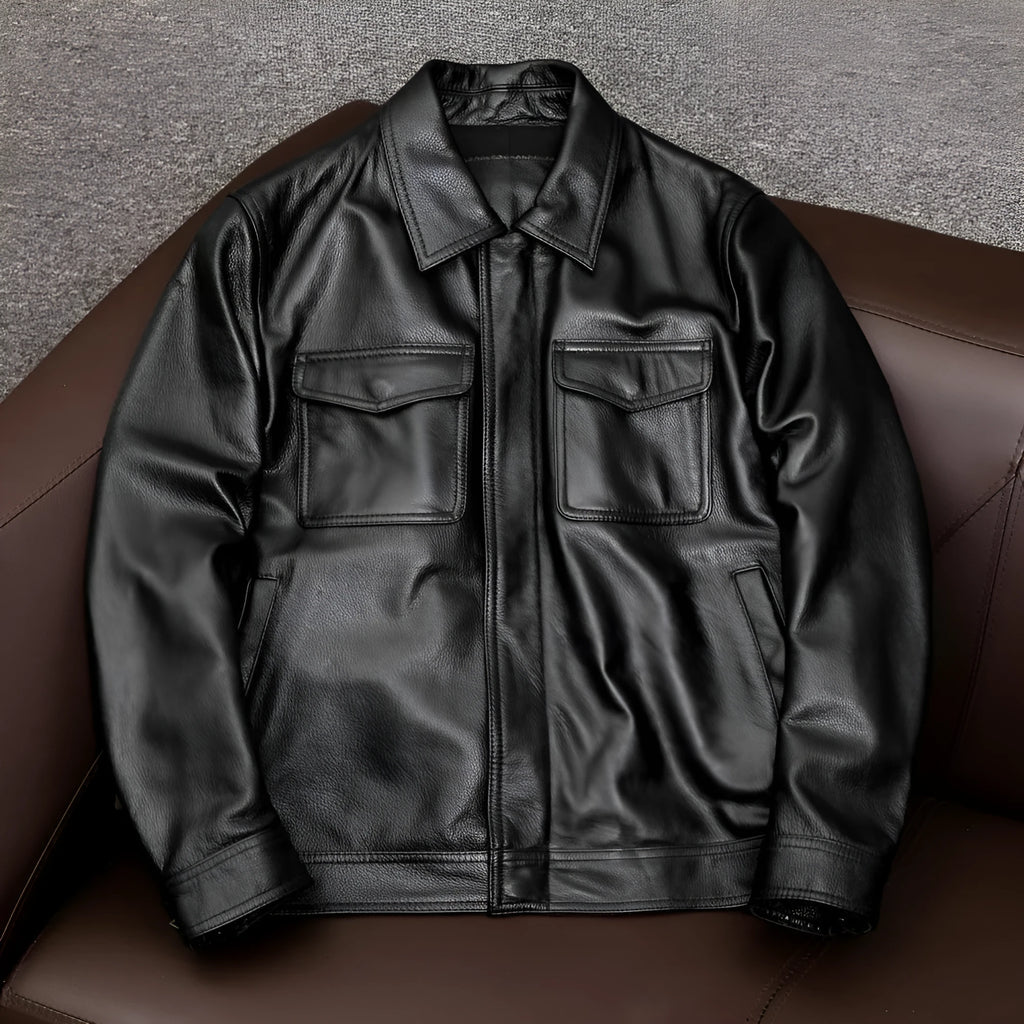 Men's black lapel leather jacket with loose fit and side pockets on plus-size model