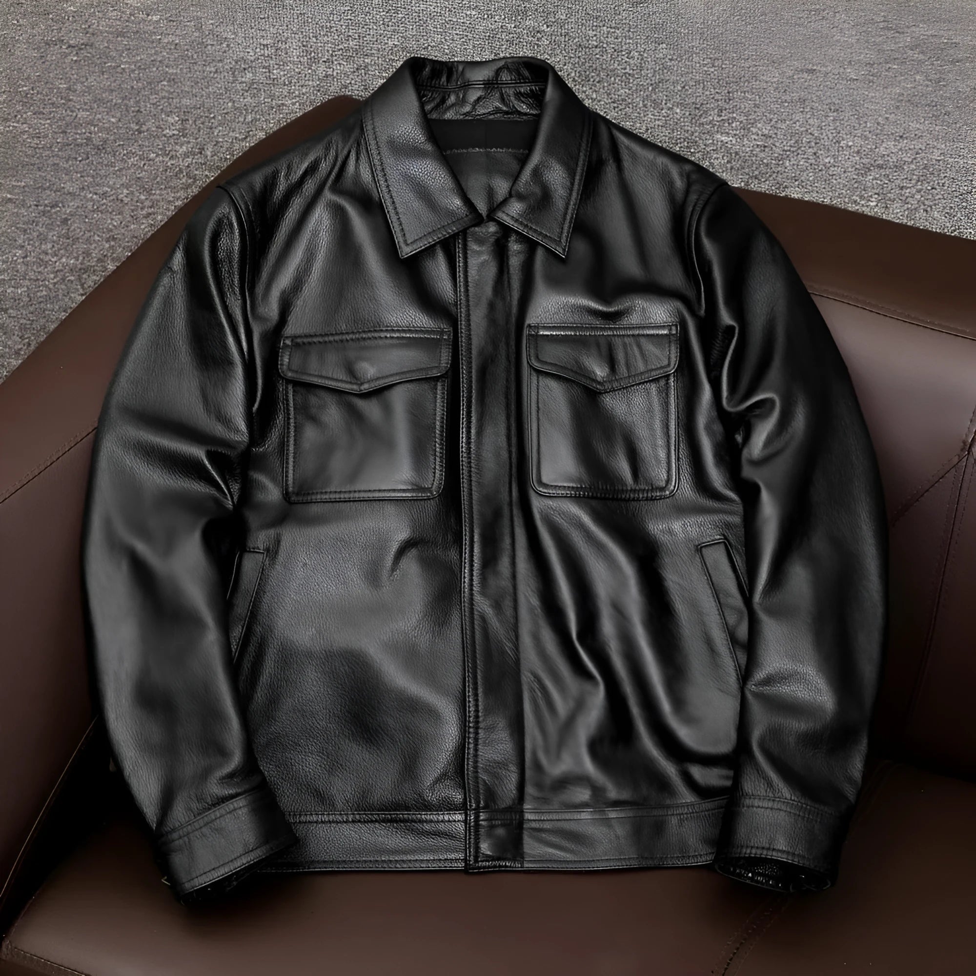 Men's black lapel leather jacket with loose fit and side pockets on plus-size model