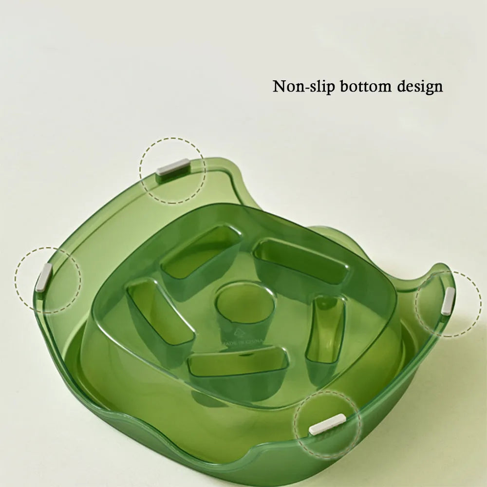 Blue plastic slow feeder dog bowl with internal maze pattern for portion control.