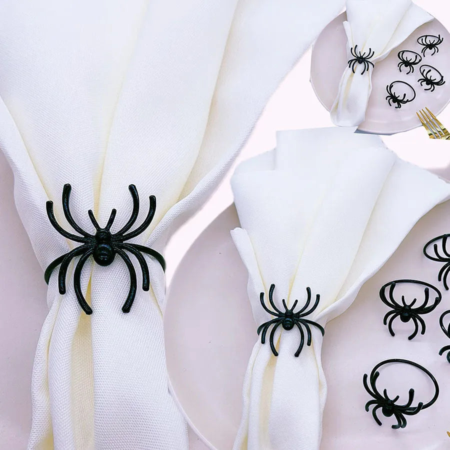 Six black spider alloy napkin rings for Halloween table decorations measuring 5x4.5x4cm