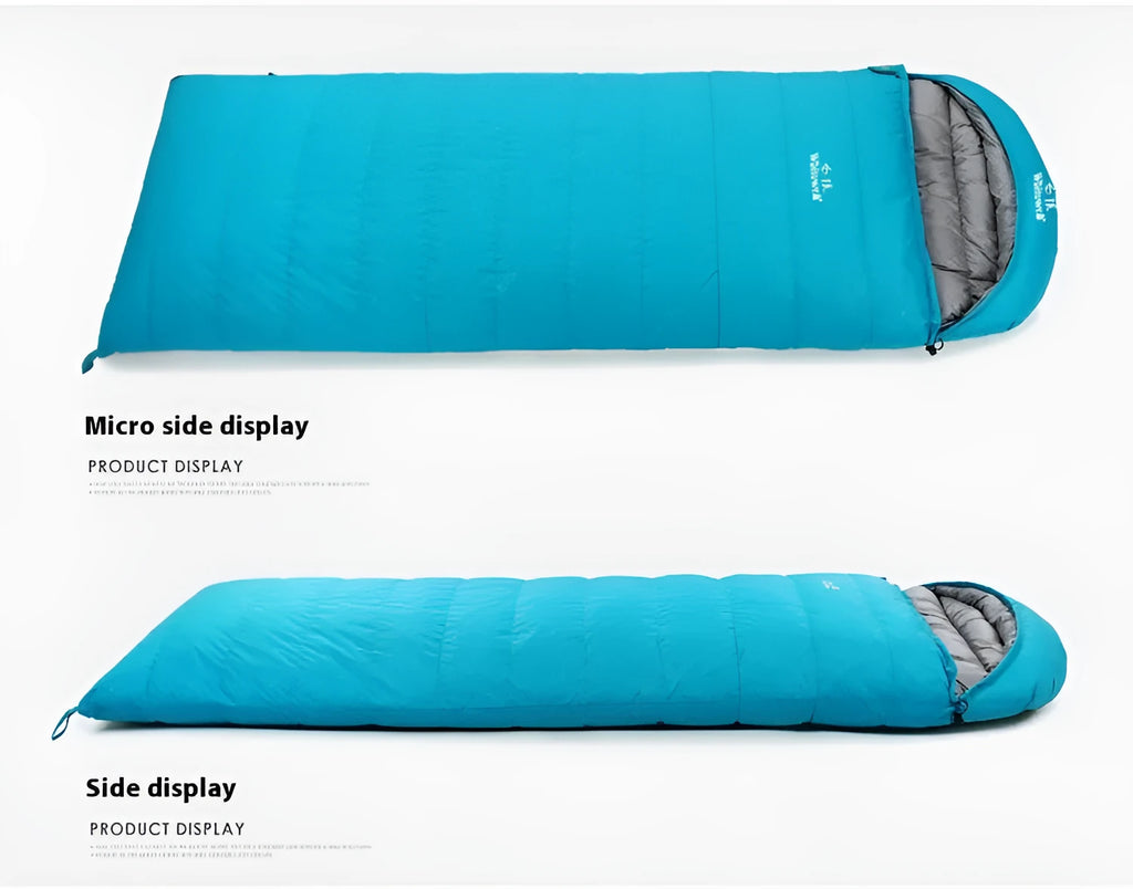 Black adult sleeping bag with envelope design, filled with white goose down and a tear-resistant nylon shell.