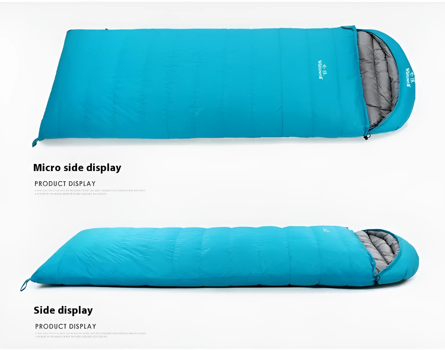 Black adult sleeping bag with envelope design, filled with white goose down and a tear-resistant nylon shell.
