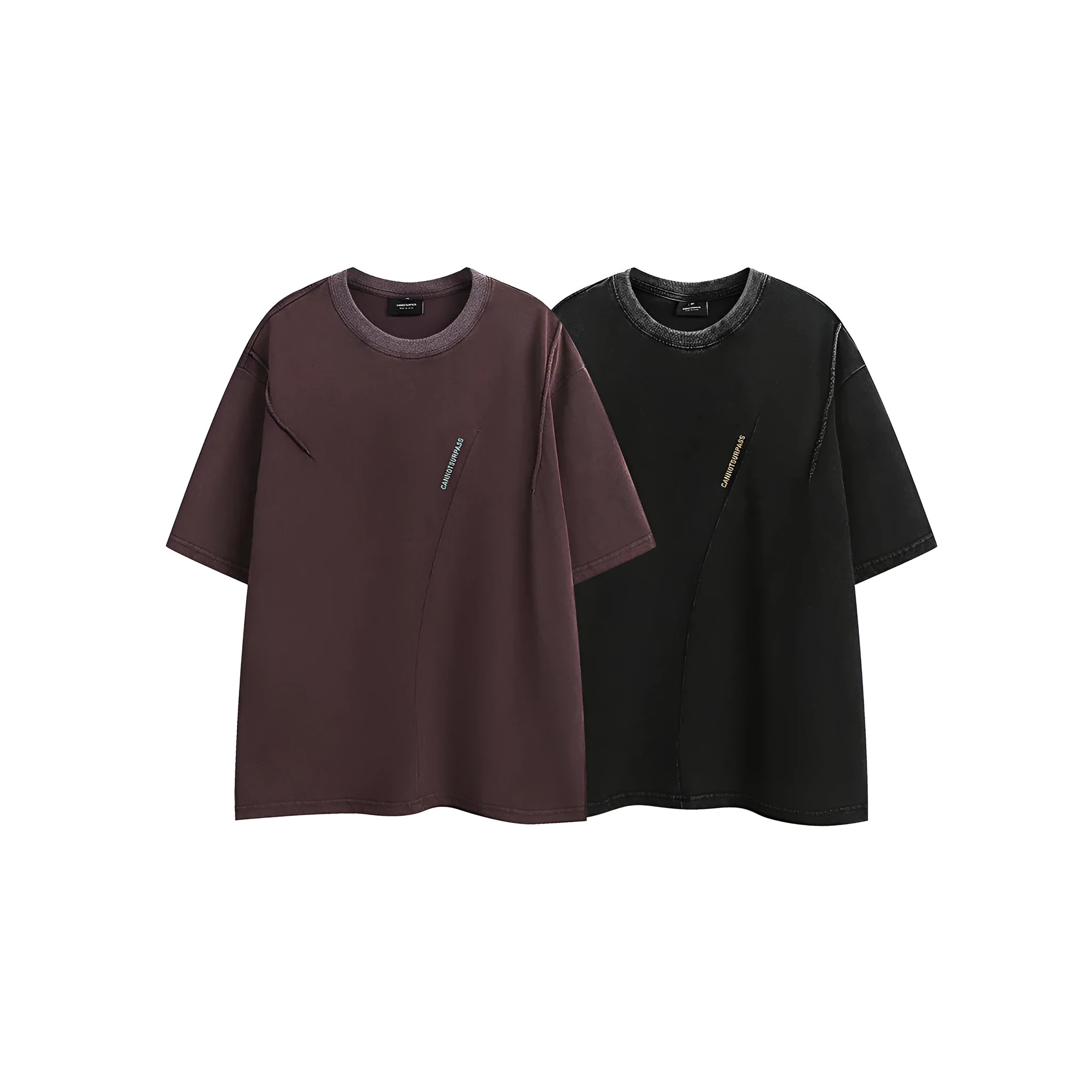 Loose retro-style short-sleeve cotton t-shirt with embroidered detailing in black or purple colour.