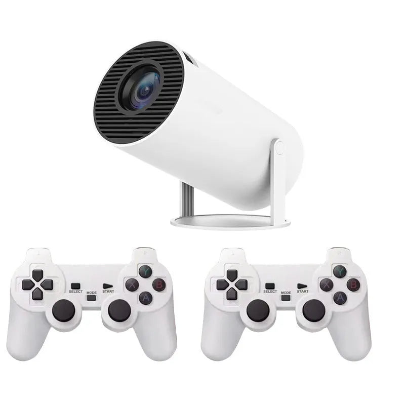 White Barrel X10 PLUS portable smart projector with remote control and gamepad on table