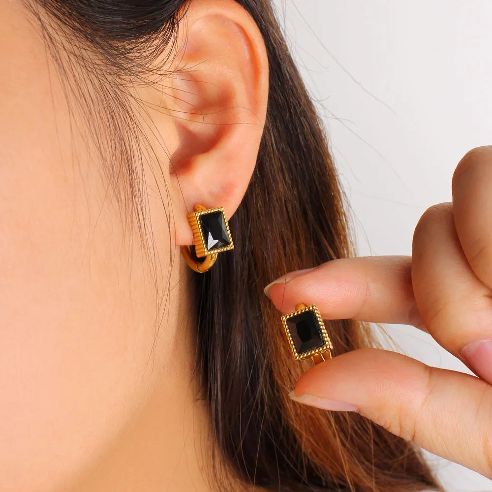 Square zircon geometric stainless steel earrings in white, black, or green colours