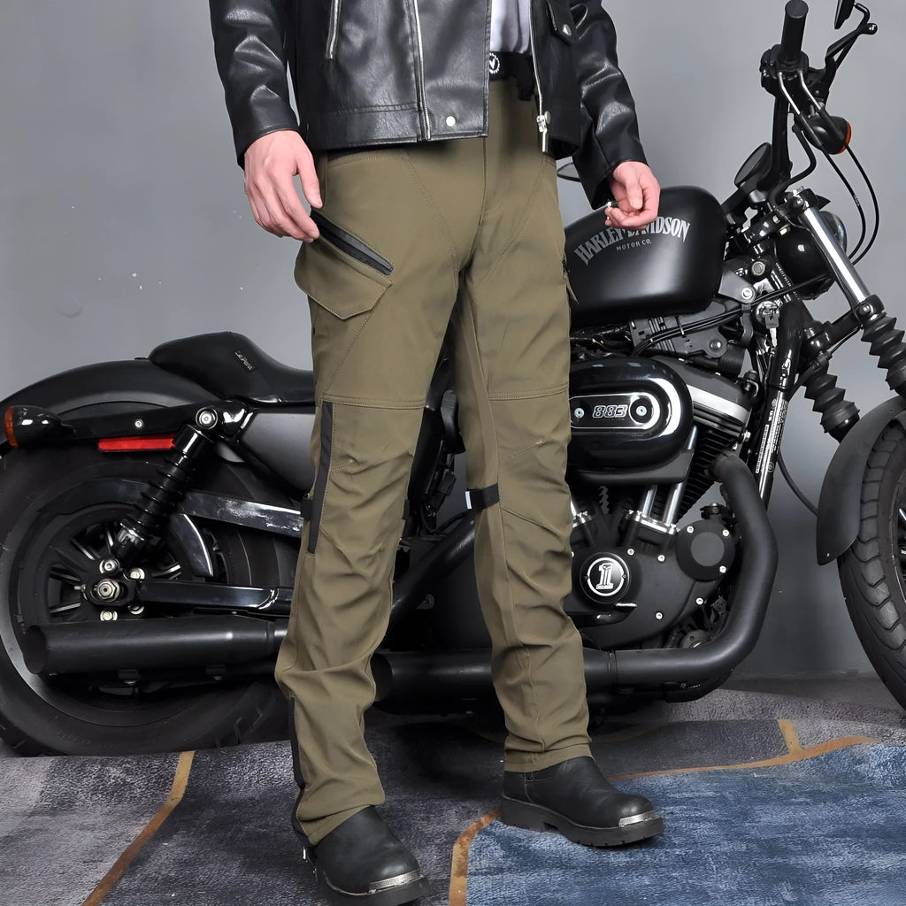 Men's waterproof motorcycle cycling trousers with protective gear in black or green colour options