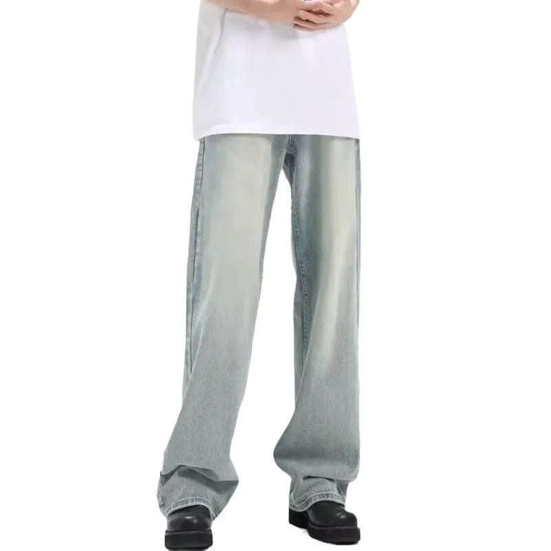 Blue retro trousers with rabbit fur fabric in loose casual fit showing high elasticity