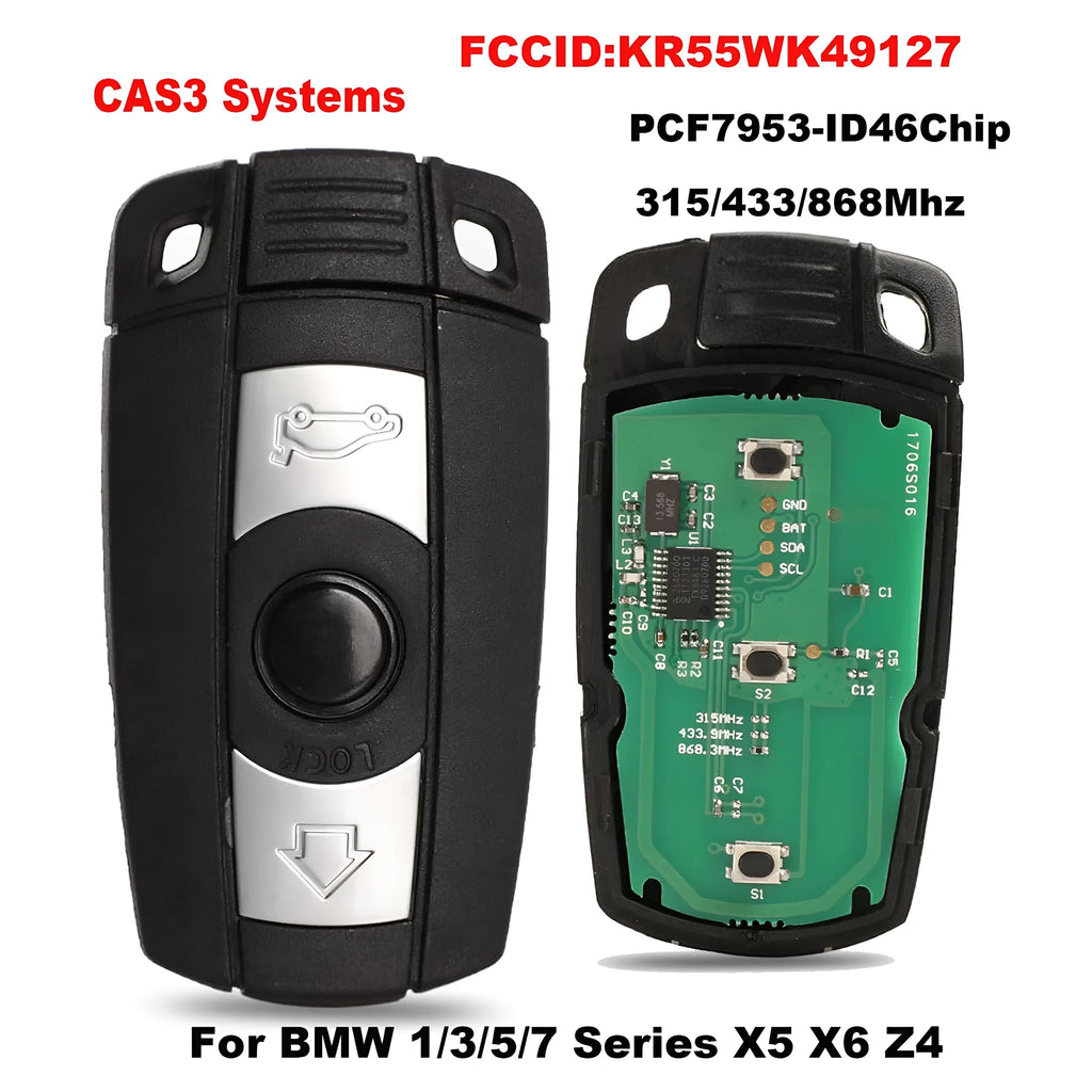 BMW CAS3 semi-intelligent remote car key fob with three blank copper keys.
