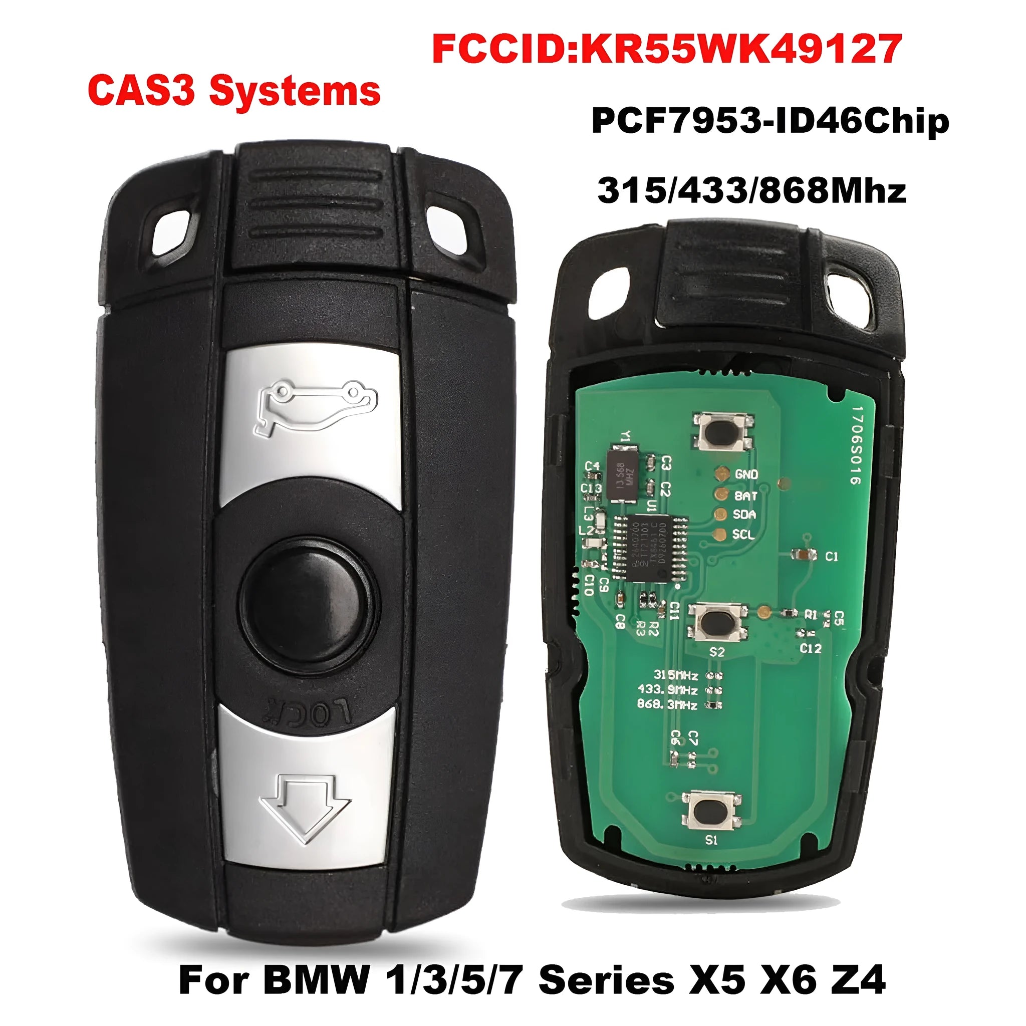 BMW CAS3 semi-intelligent remote car key fob with three blank copper keys.