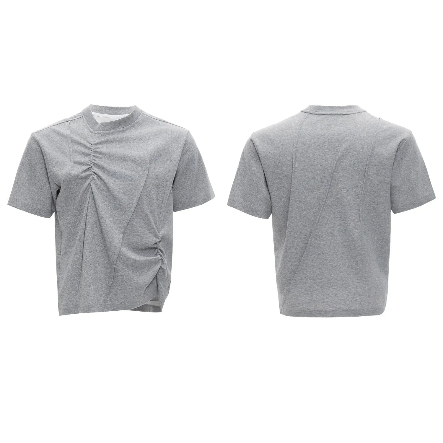 Men's loose grey cotton t-shirt with three-dimensional pleats and asymmetric stitching detail.