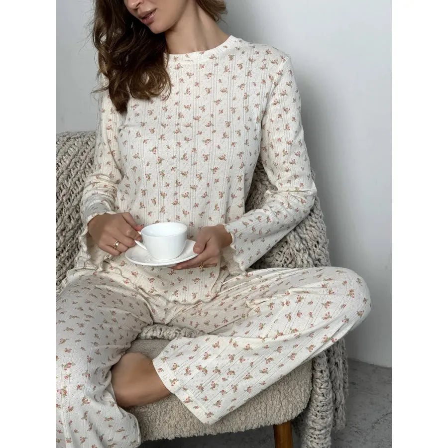 Women's white floral print polyester lounge suit with bell sleeve top and wide leg trousers
