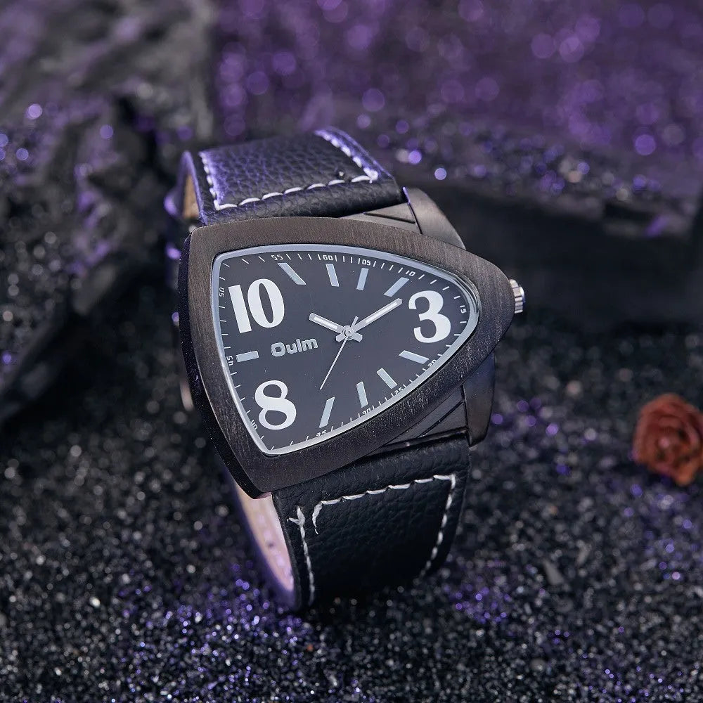 Men's casual triangle belt quartz watch showing the distinct strap design and 9mm profile.