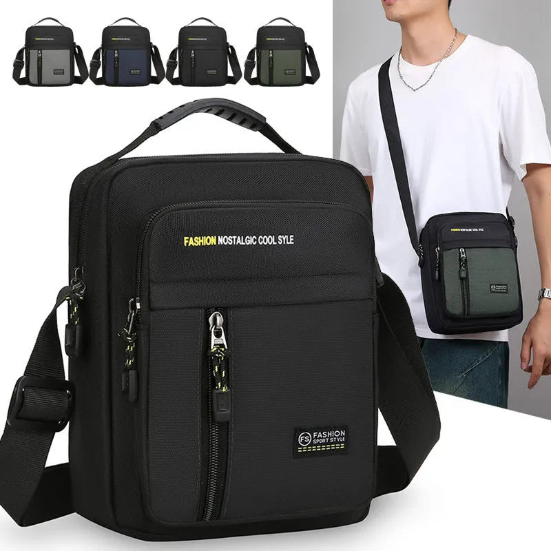 Men's casual nylon messenger bag in crossbody style with sewing thread detail.