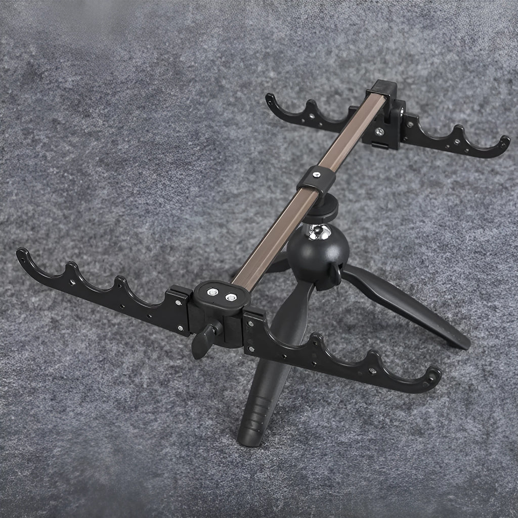 Aluminium alloy ice fishing rod holder bracket in a portable tripod design.