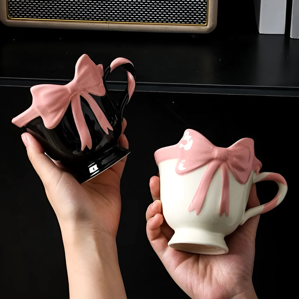 Ceramic mug with girl heart bow design in Black Pink and White Powder colours, 350ml capacity