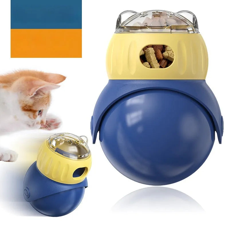 Morandi yellow and blue plastic tumbler owl self-service cat feeder puzzle toy